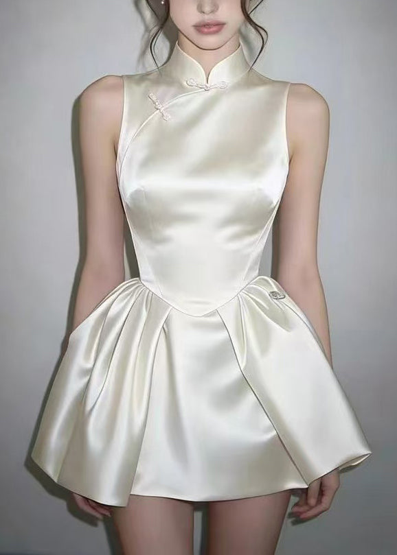 Natural White Chinese Style Stand Collar Satin Mini Dress Sleeveless