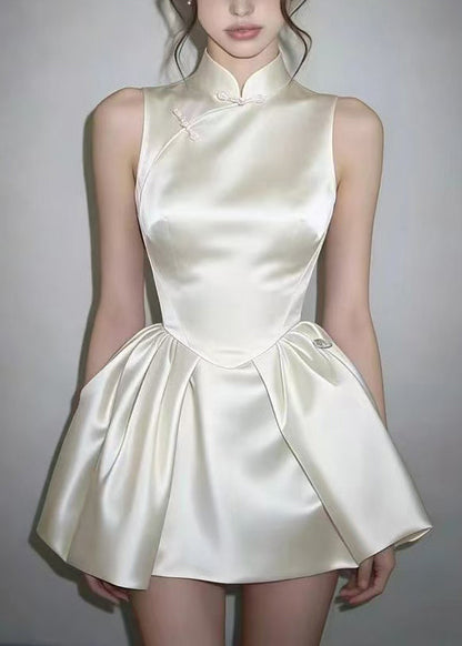 Natural White Chinese Style Stand Collar Satin Mini Dress Sleeveless
