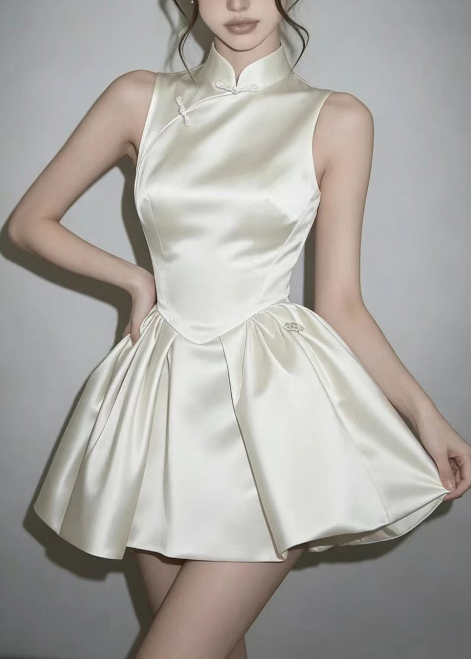 Natural White Chinese Style Stand Collar Satin Mini Dress Sleeveless