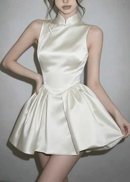 Natural White Chinese Style Stand Collar Satin Mini Dress Sleeveless