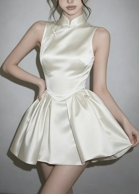 Natural White Chinese Style Stand Collar Satin Mini Dress Sleeveless