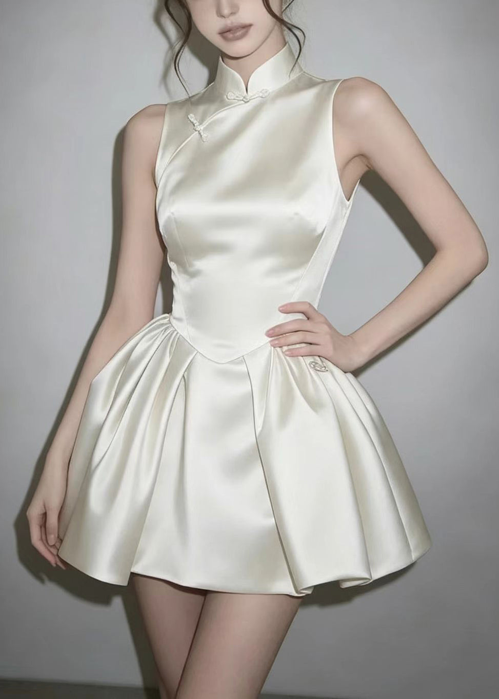 Natural White Chinese Style Stand Collar Satin Mini Dress Sleeveless