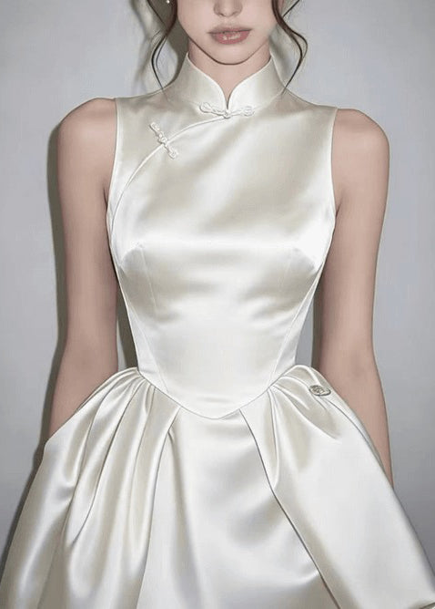 Natural White Chinese Style Stand Collar Satin Mini Dress Sleeveless