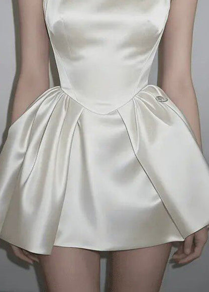 Natural White Chinese Style Stand Collar Satin Mini Dress Sleeveless