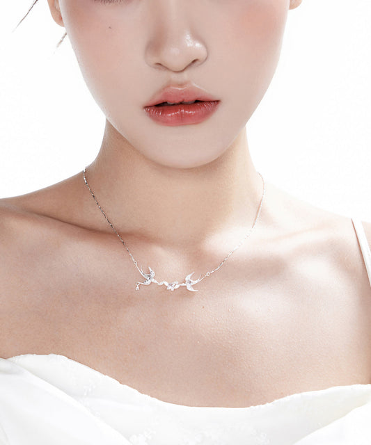 Natural White Freshwater Pearl Zircon Double Swallow Silver Plated Choker