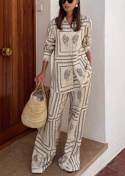 Natural White Peter Pan Collar Print Shirts And Wide Leg Pants Fall