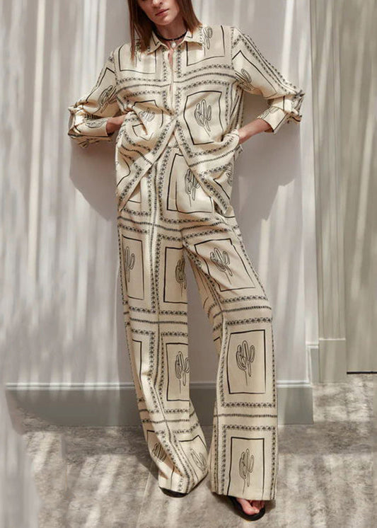 Natural White Peter Pan Collar Print Shirts And Wide Leg Pants Fall