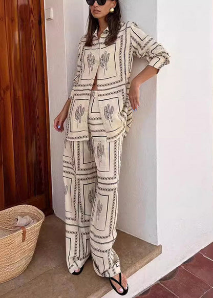 Natural White Peter Pan Collar Print Shirts And Wide Leg Pants Fall