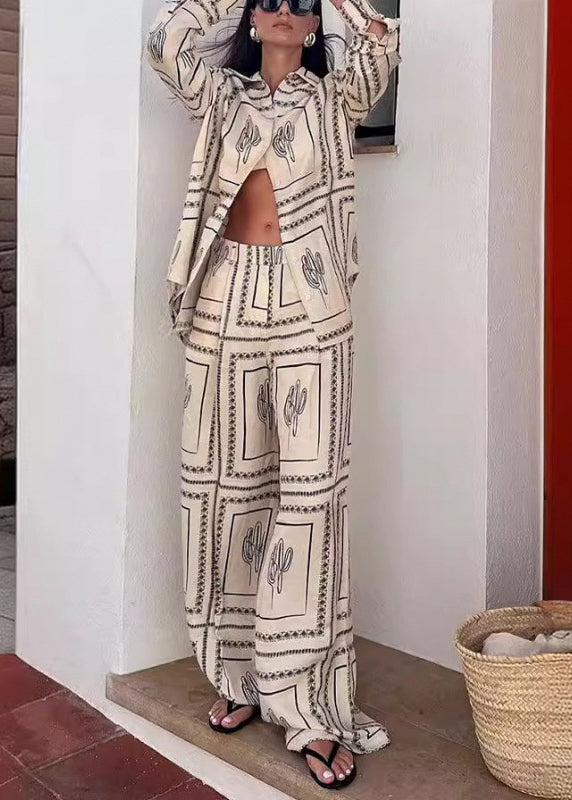 Natural White Peter Pan Collar Print Shirts And Wide Leg Pants Fall