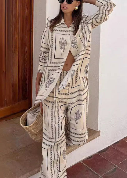 Natural White Peter Pan Collar Print Shirts And Wide Leg Pants Fall