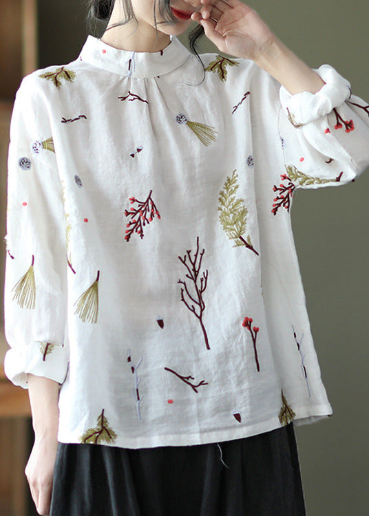 Camisa de lino con estampado blanco natural de manga larga