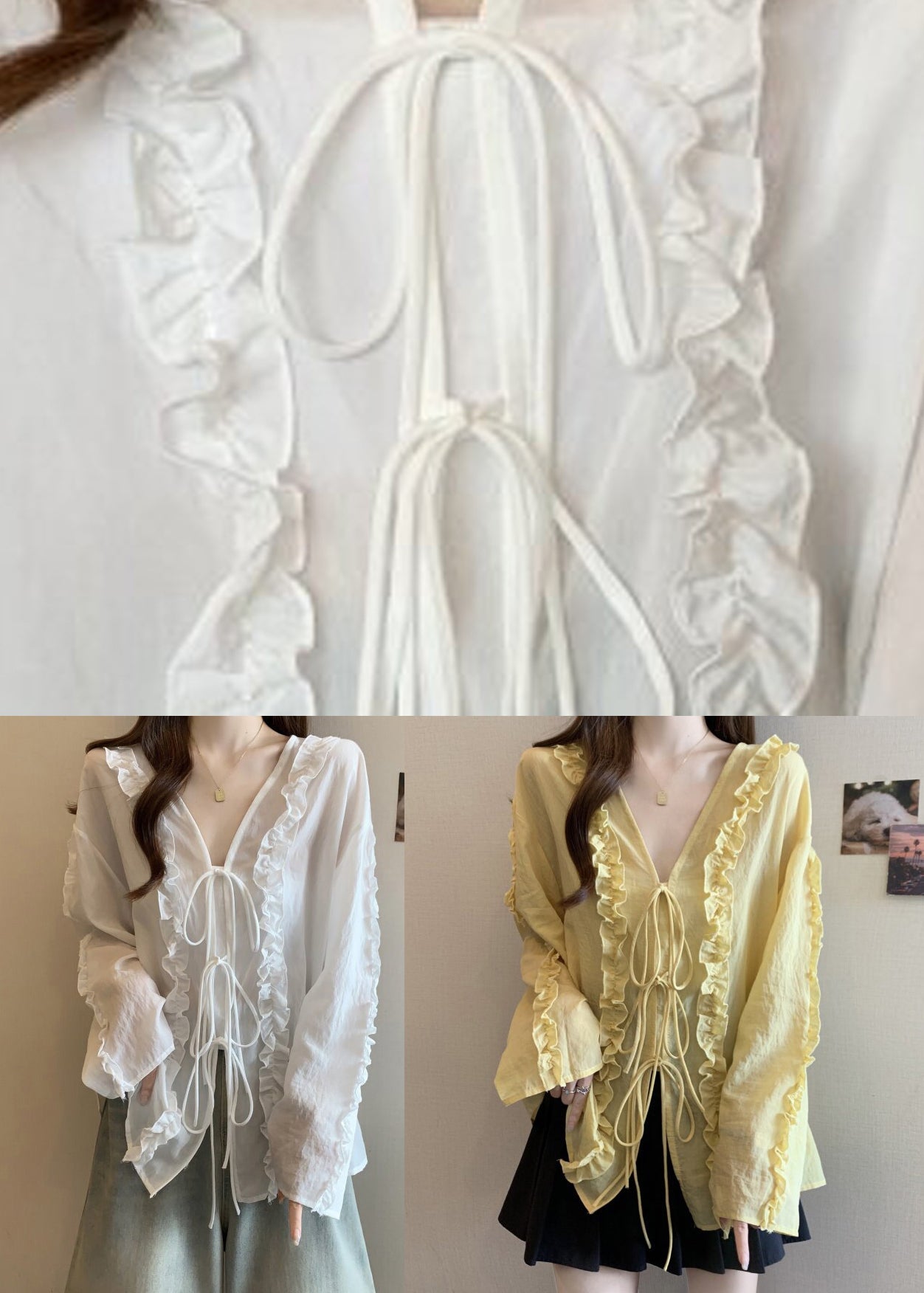 Natural White Ruffled Chiffon Shirt Flare Sleeve