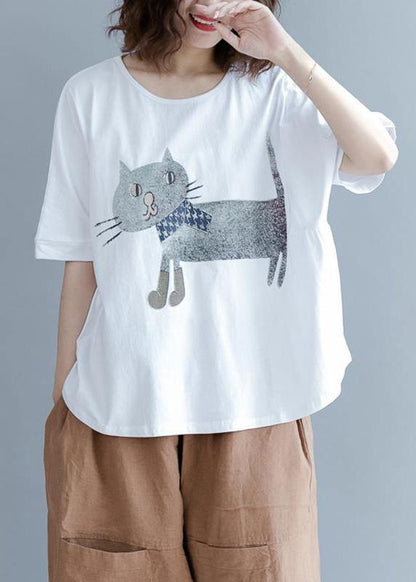 Natural White cotton box top Indian Cotton Short Sleeve Animal Round Neck Blouse - SooLinen