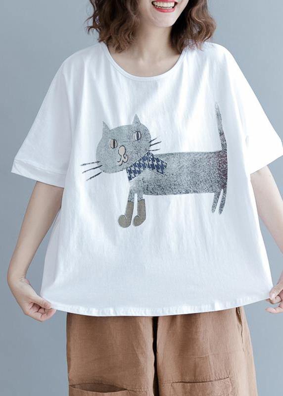 Natural White cotton box top Indian Cotton Short Sleeve Animal Round Neck Blouse - SooLinen