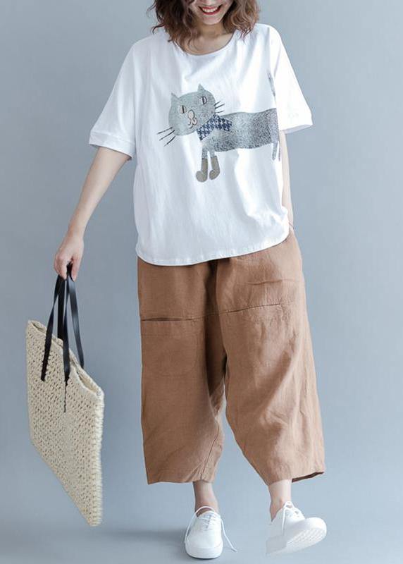 Natural White cotton box top Indian Cotton Short Sleeve Animal Round Neck Blouse - SooLinen