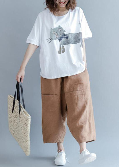 Natural White cotton box top Indian Cotton Short Sleeve Animal Round Neck Blouse - SooLinen