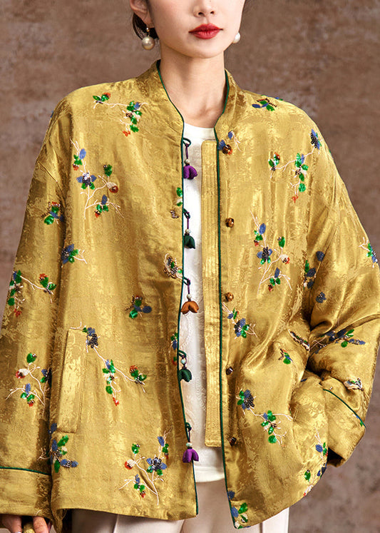Natural Yellow Embroidered Patchwork Parka Coat Winter