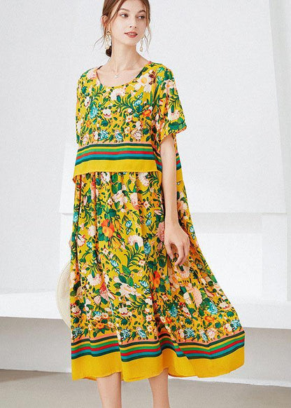 Natural Yellow Loose O-Neck Print Summer Robe Dresses Half Sleeve - SooLinen