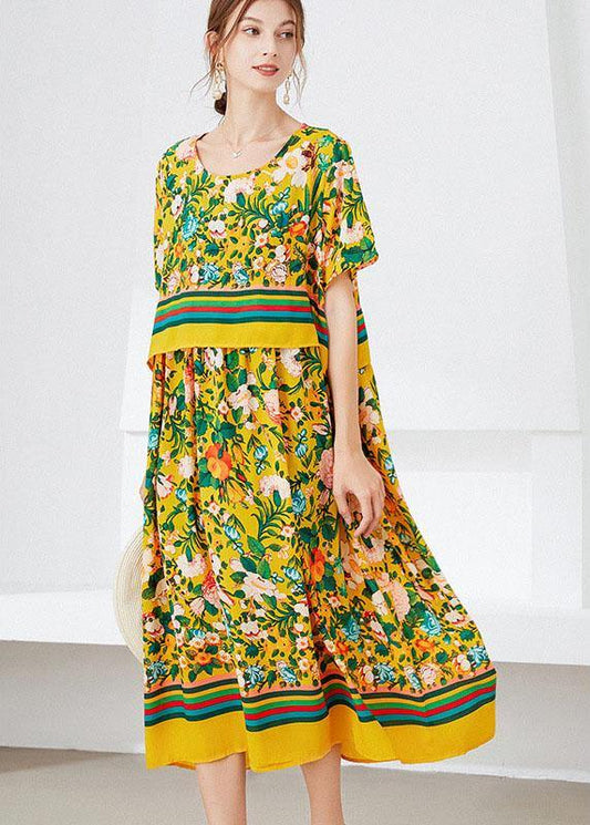 Natural Yellow Loose O-Neck Print Summer Robe Dresses Half Sleeve - SooLinen