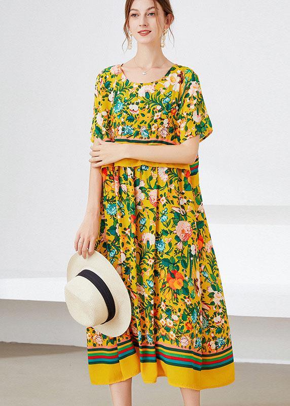 Natural Yellow Loose O-Neck Print Summer Robe Dresses Half Sleeve - SooLinen