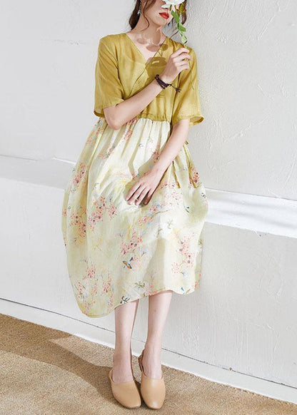 Natural Yellow Patchwork Print Summer Ramie Dresses Half Sleeve - SooLinen