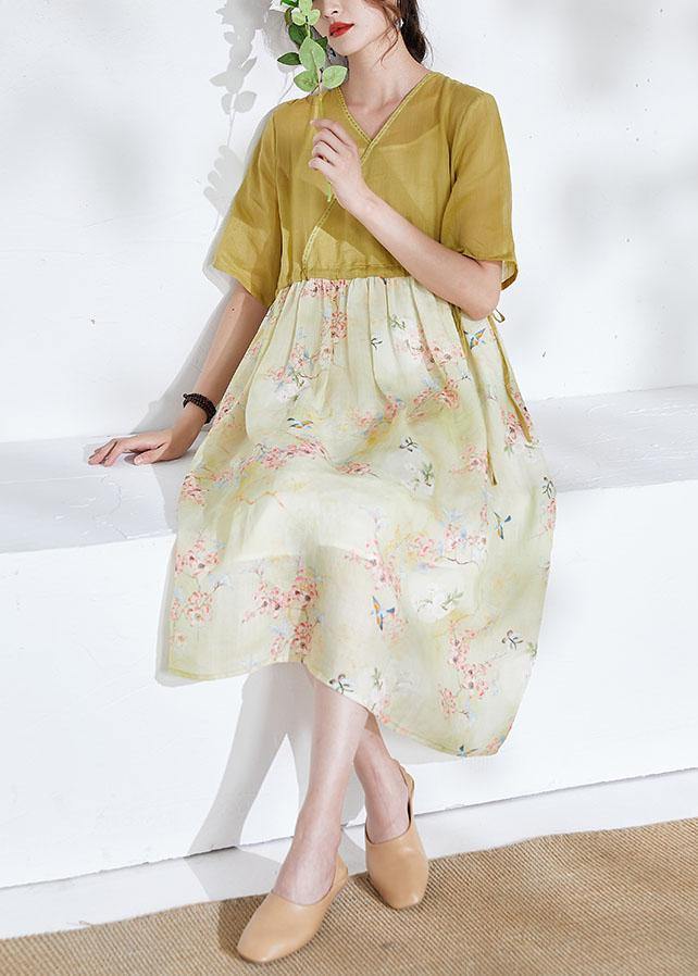 Natural Yellow Patchwork Print Summer Ramie Dresses Half Sleeve - SooLinen