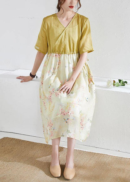 Natural Yellow Patchwork Print Summer Ramie Dresses Half Sleeve - SooLinen
