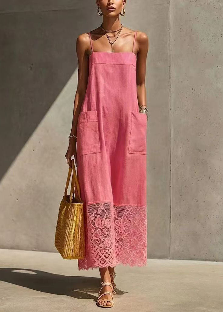 Natural Yellow Pockets Patchwork Lace Spaghetti Strap Dress Summer