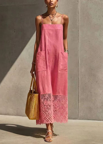 Natural Yellow Pockets Patchwork Lace Spaghetti Strap Dress Summer