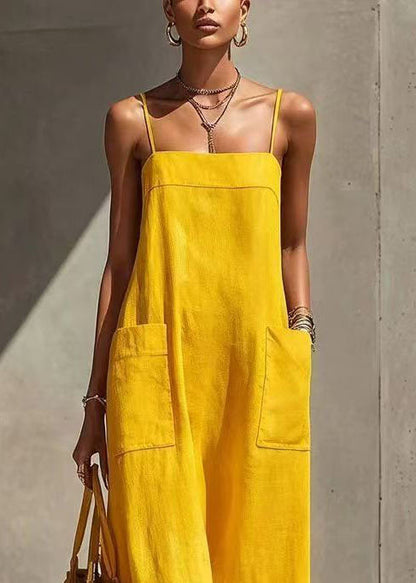 Natural Yellow Pockets Patchwork Lace Spaghetti Strap Dress Summer