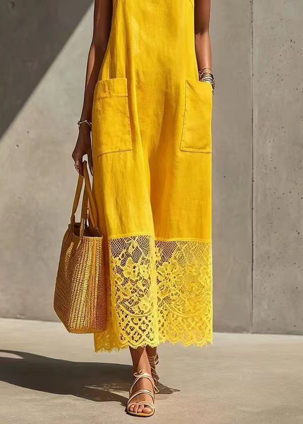 Natural Yellow Pockets Patchwork Lace Spaghetti Strap Dress Summer