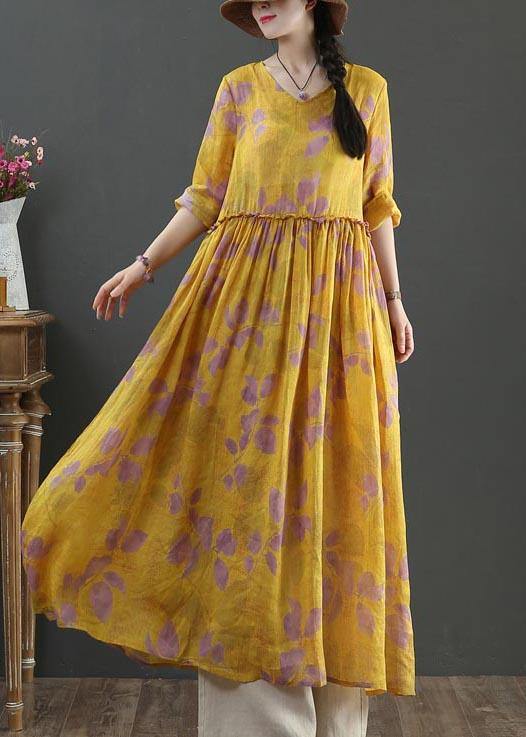 Natural Yellow Print Linen Cinched Summer Dress - SooLinen