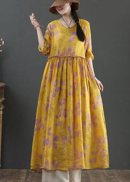 Natural Yellow Print Linen Cinched Summer Dress - SooLinen
