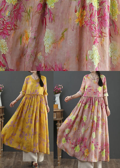 Natural Yellow Print Linen Cinched Summer Dress - SooLinen