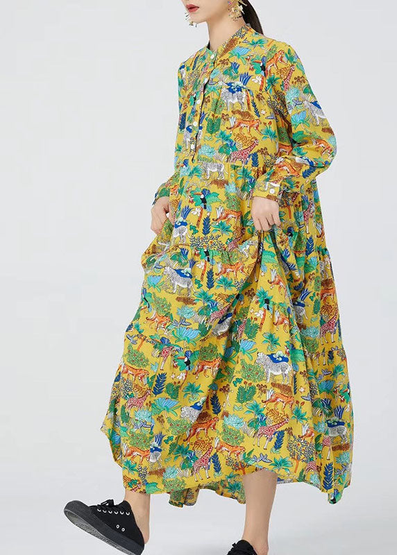 Natürliches gelbes Stehkragen-Druck-Knöchelkleid Frühling