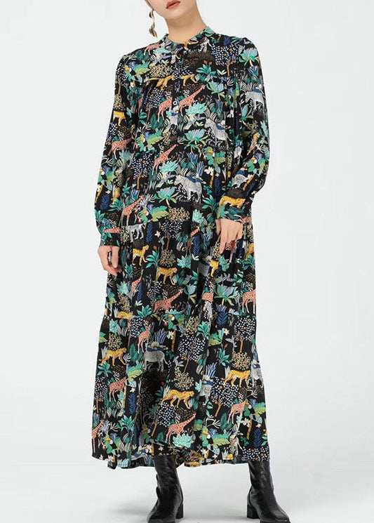 Natürliches gelbes Stehkragen-Druck-Knöchelkleid Frühling