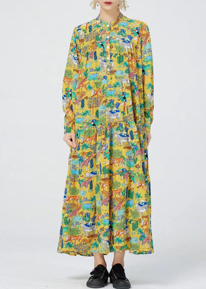 Natürliches gelbes Stehkragen-Druck-Knöchelkleid Frühling