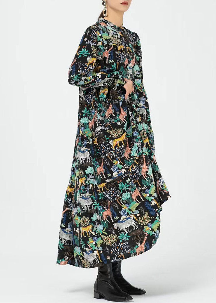 Natürliches gelbes Stehkragen-Druck-Knöchelkleid Frühling