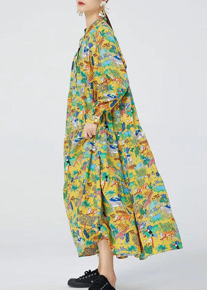 Natürliches gelbes Stehkragen-Druck-Knöchelkleid Frühling