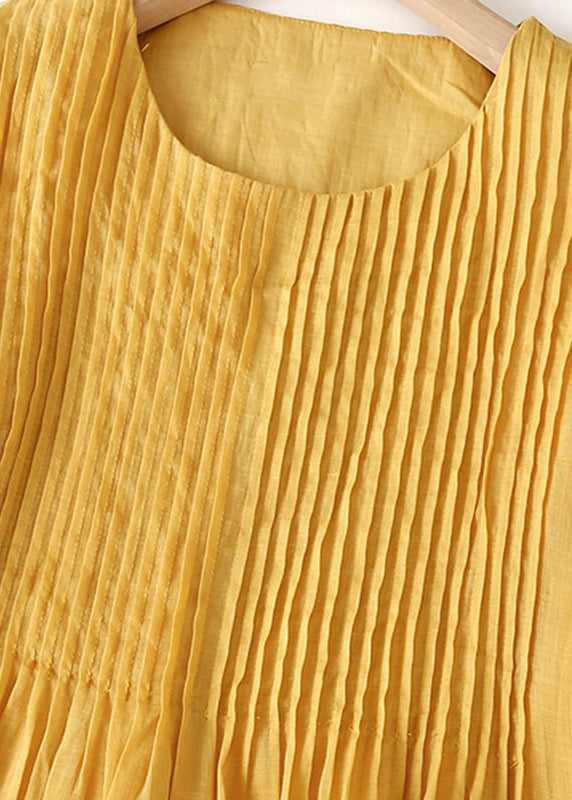 Natural Yellow Wrinkled Patchwork Long Dress Short Sleeve