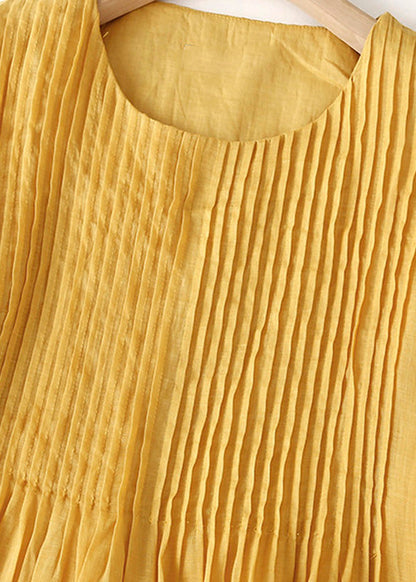 Natural Yellow Wrinkled Patchwork Long Dress Short Sleeve