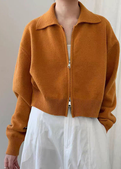 Natural Yellow Zippered Patchwork Solid Cotton Knit Coats Spring