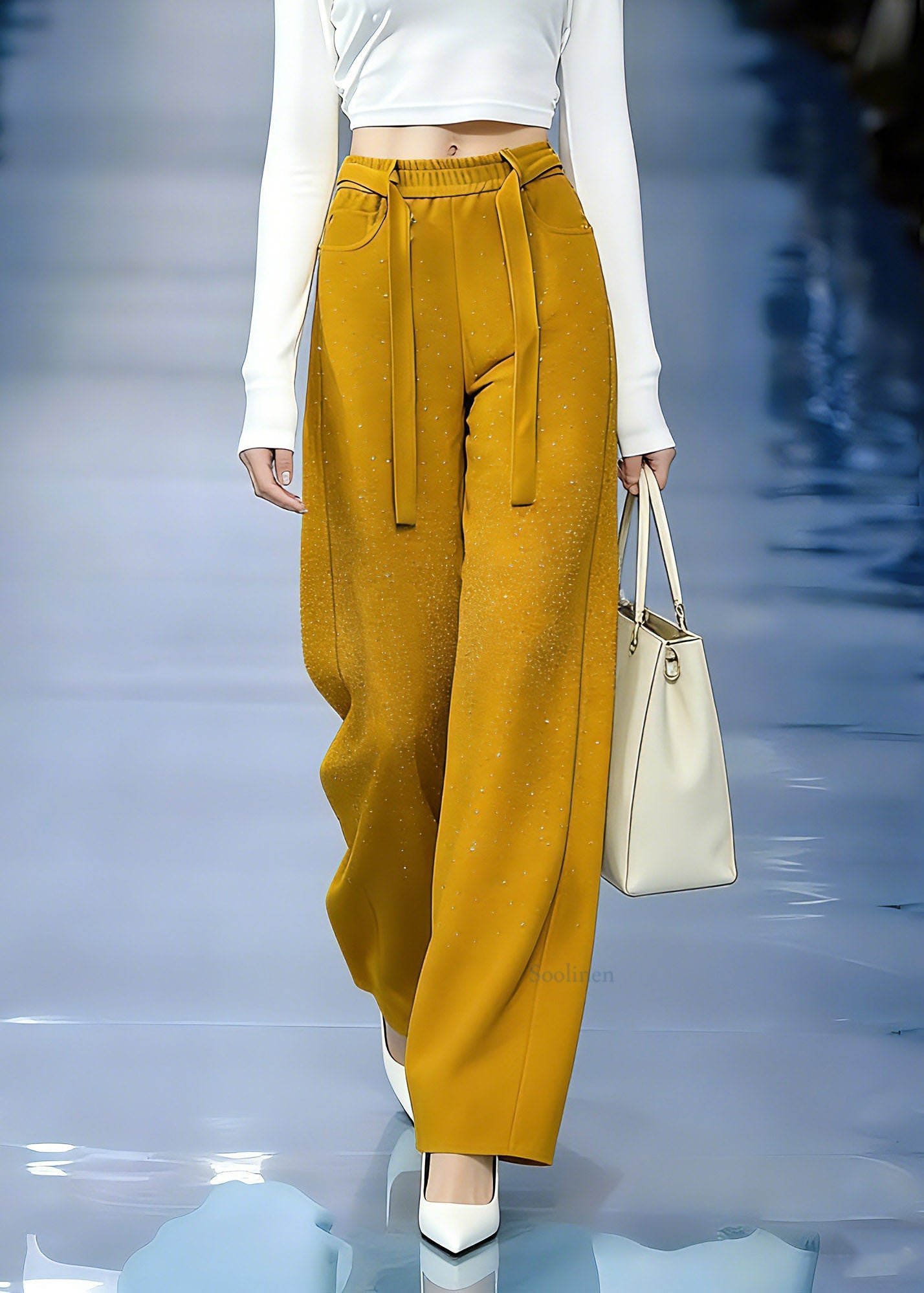 Natural Yellow Zircon Elastic Waist Wide Leg Pants