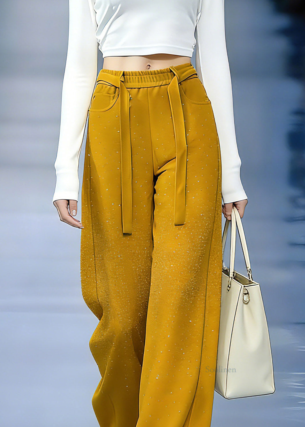 Natural Yellow Zircon Elastic Waist Wide Leg Pants