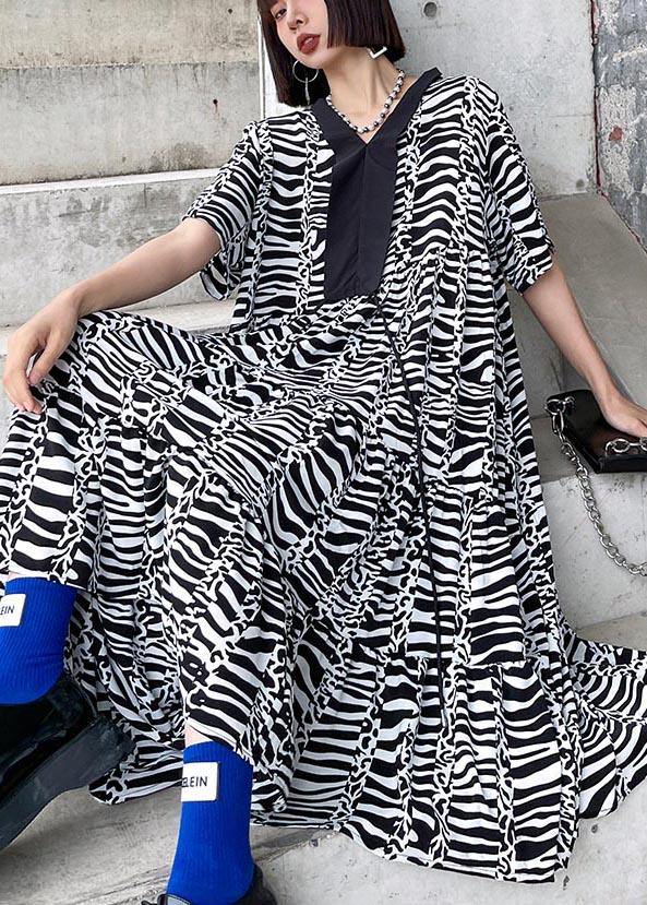 Natural Zebra pattern V Neck Cotton asymmetrical design Summer Maxi Dress - SooLinen