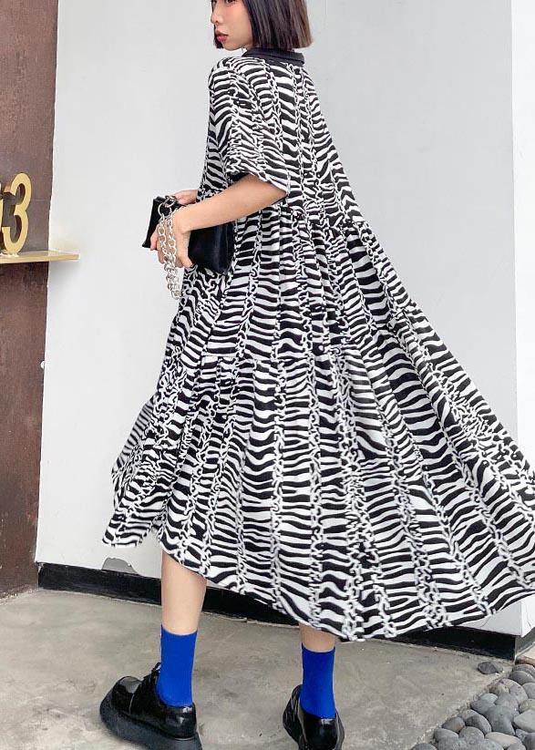 Natural Zebra pattern V Neck Cotton asymmetrical design Summer Maxi Dress - SooLinen