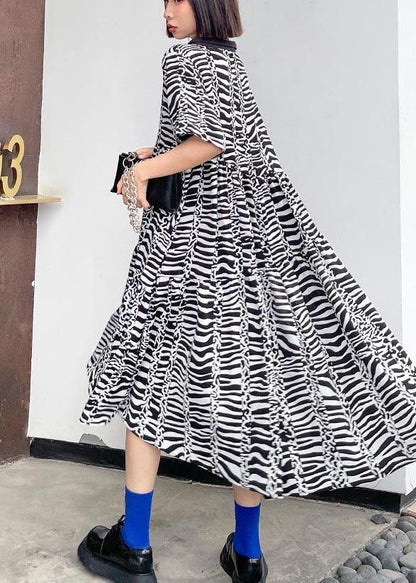 Natural Zebra pattern V Neck Cotton asymmetrical design Summer Maxi Dress - SooLinen