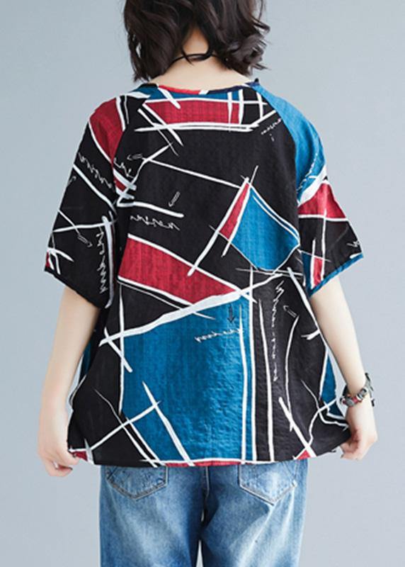 Natural asymmetric prints cotton tunics for women o neck oversized summer blouse - SooLinen