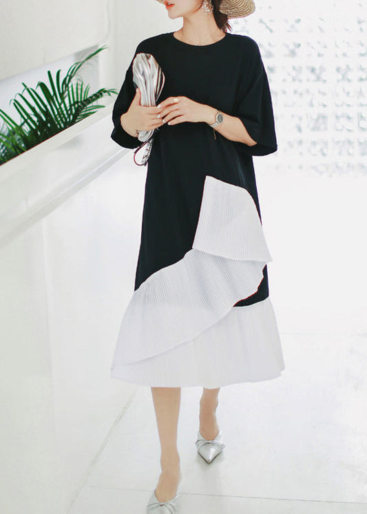 Natürliche schwarze Baumwolle Long Shirts Süßigkeiten Fotografie Patchwork asymmetrische tägliche Sommerkleid