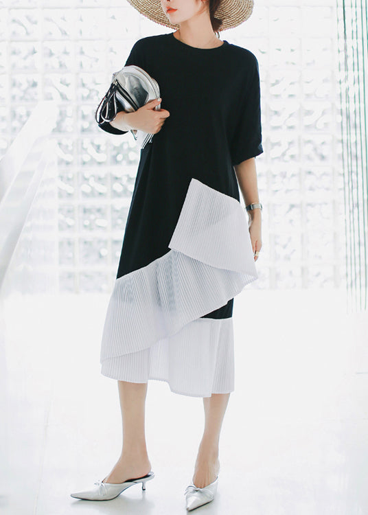 Natürliche schwarze Baumwolle Long Shirts Süßigkeiten Fotografie Patchwork asymmetrische tägliche Sommerkleid